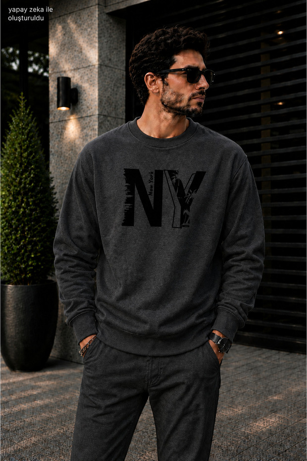 Men's Ny New York City Silhouette Printed Cycling Round Neck Casual Sweatshirt