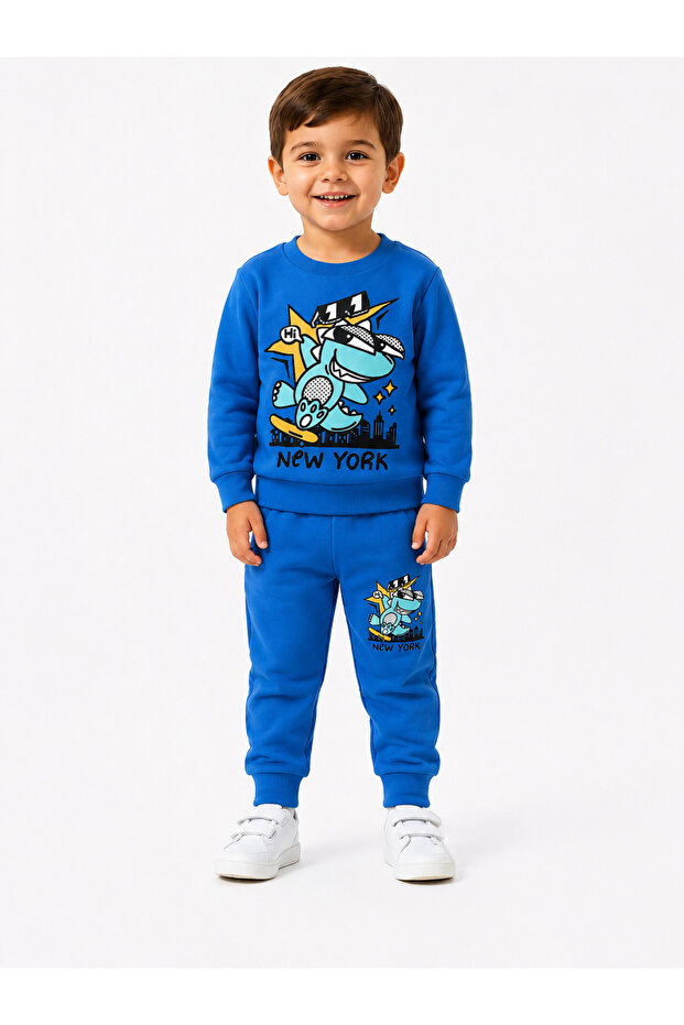 Boys' New York Printed Blue Long Sleeve Sweatshirt Tracksuit 2-Piece Set