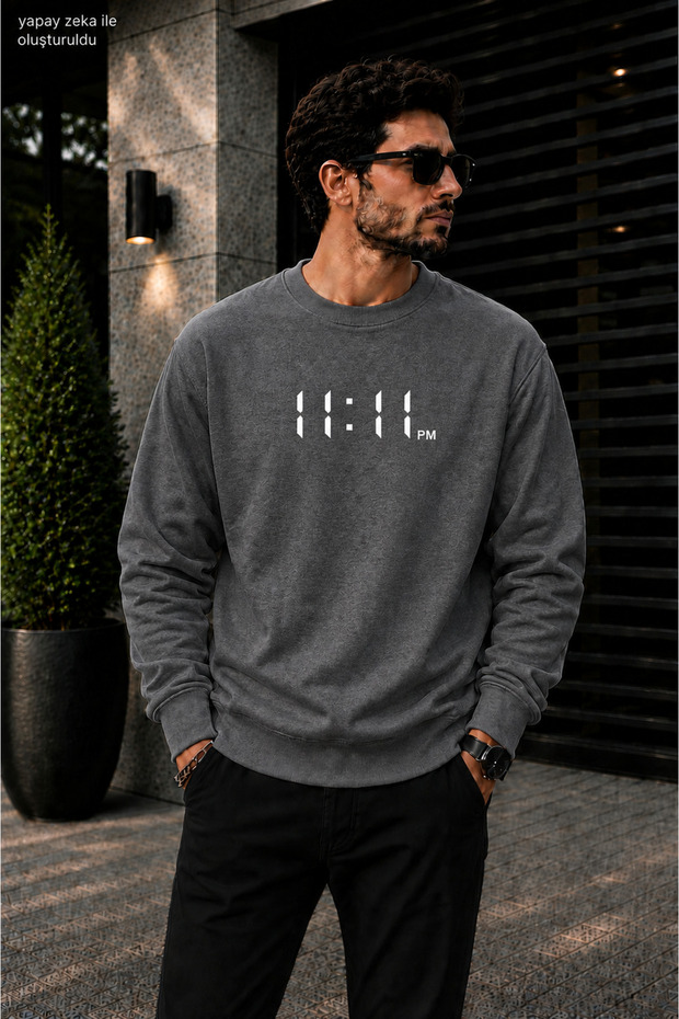 Men's 11:11 Pm Digital Clock Printed Cycling Round Neck Casual Sweatshirt