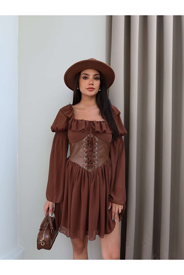 Collar Ruffle Corseted Chiffon Mini Dress