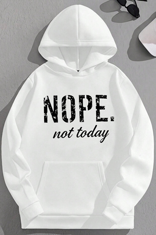 Unisex 3 Thread Cotton White Nope Print Loose Fit Sweatshirt Hoodie