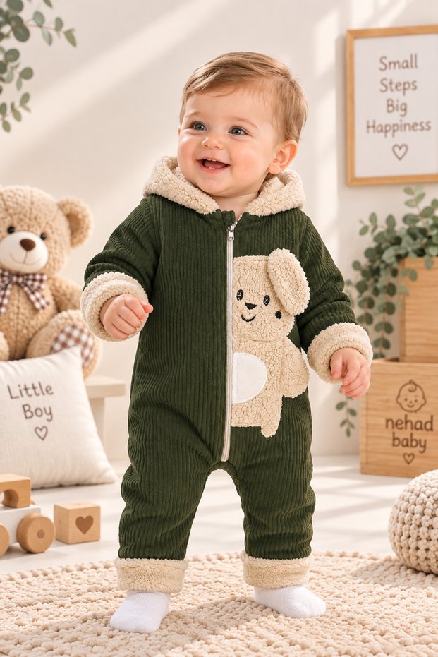 Baby Boy Welsoft Jumpsuit with Hood and Zipper, Plush Detailed Winter Baby Jumpsuit
