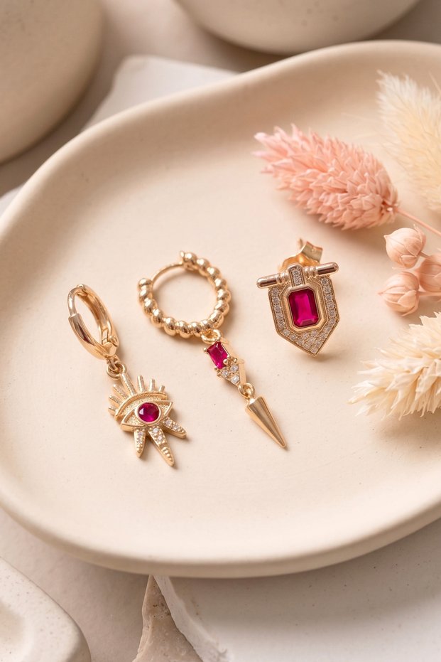 Zircon Stone Knight and Eye Model Triple Gold Earrings
