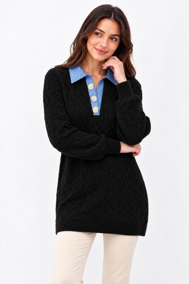 Women's Denim Collar Button Detailed Knitted Knitwear Tunic