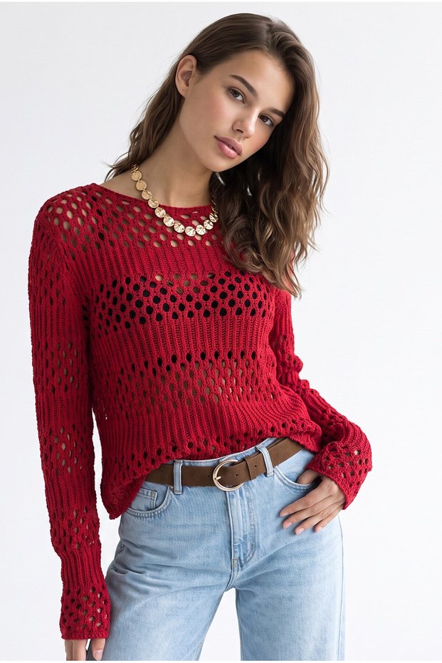 7058 Women's Openwork Mesh Knitted Crew Neck Sweater Red