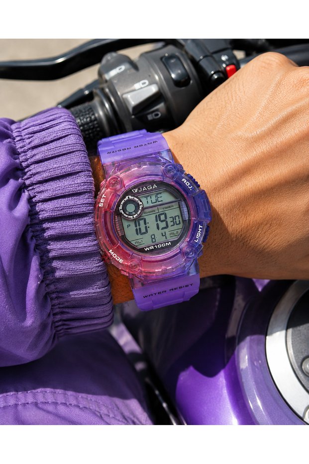 Sports Digital Men's Wristwatch, Purple Silicone Band, Pool and Sea Use, Alarm, Stopwatch, Calendar, Stylish Gift Package