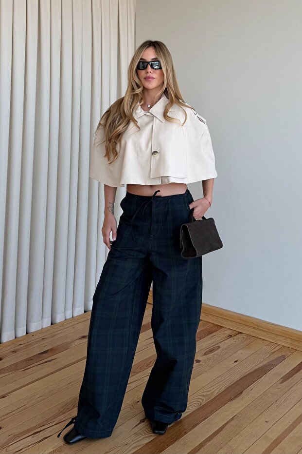 Green Plaid Patterned Waistband Drawstring Trousers - 9045