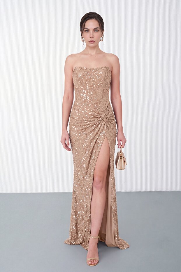 Women's Gold Strapless Collar Slit Long Sequin Evening Dress
