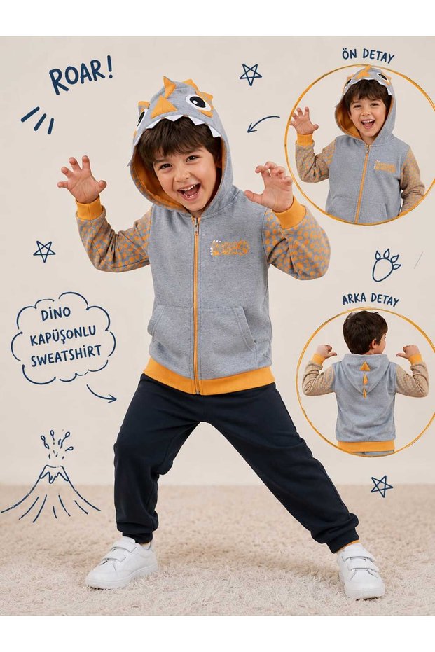 Boy's Dinosaur Patterned Zippered Hooded Sweatshirt