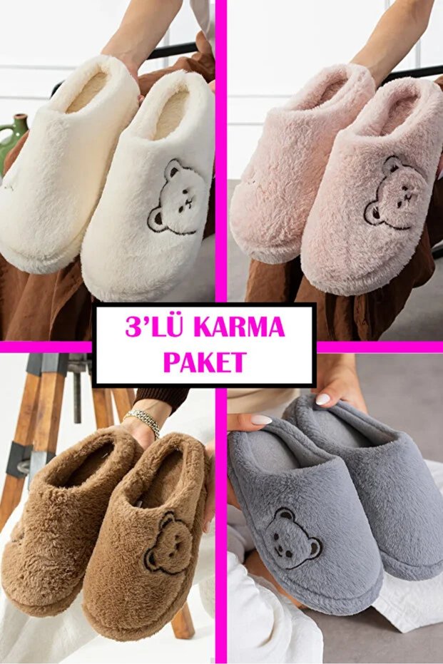 Teddy Bear Patterned Embroidery | Winter Unisex House Slippers | Non-Slip Sole Daily Closed-Front Guest Slippers