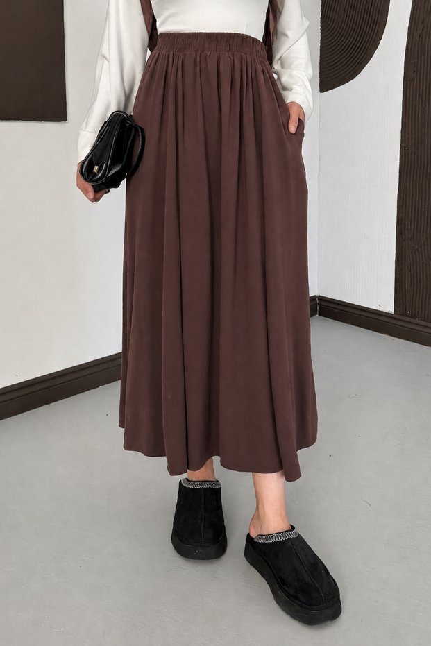 Women's Elastic Waist Pocketed Tencel Fabric Long Flared Skirt