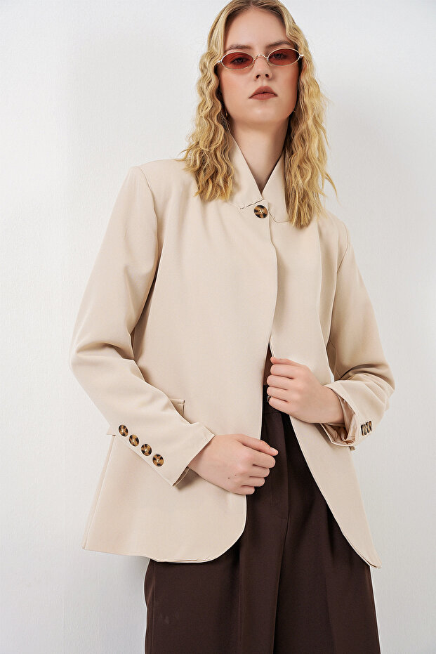 Women's Single Button Oversize Blazer Jacket 1589 - Beige