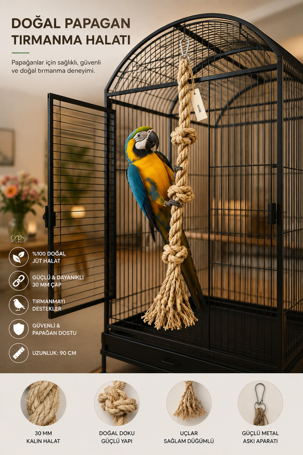 Large Breed Parrot Climbing Rope 90 cm Diameter 30 mm 100% Natural Cage Toy | Stress Rope | Jute Rope | Macaw | Kakadu | Jako | Amazon | Eklektus