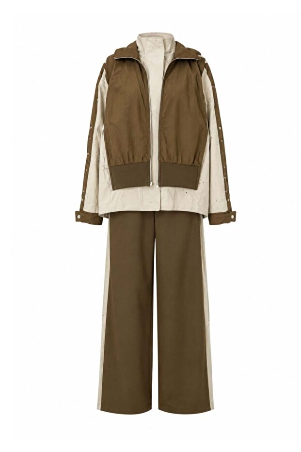 Embroidered Hooded Pants Set - Brown