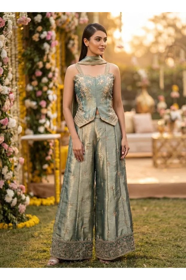 Olive Sweetheart Neck Floral Embroidered Top & Palazzo Set – Women's Indian Ethnic Wear