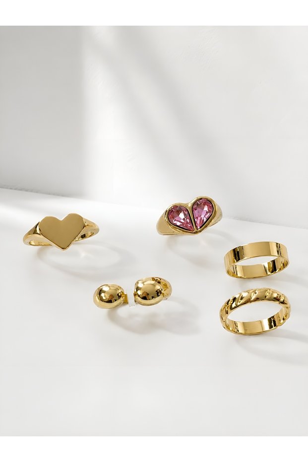 Women's Steel Gold Color 5-Piece Ring Set with Heart and Crystal Stone Detail