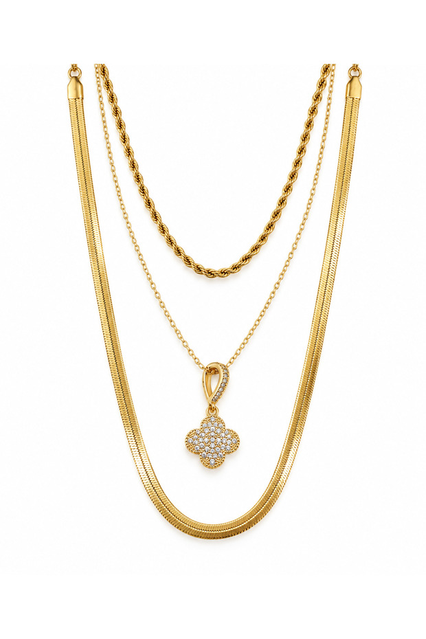 Gold 3-Piece Necklace Set – Layered Necklace Combination with Clover Figure, Twisted Chain, and Italian Chain