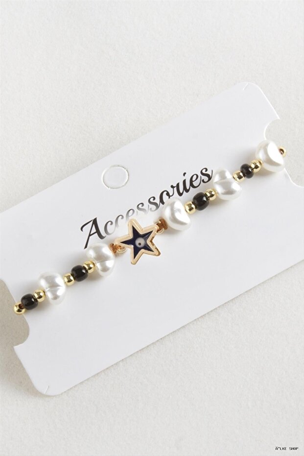 Ilkestor Starfish Bead Pearl Macrame Rope (202926) Bracelet Black