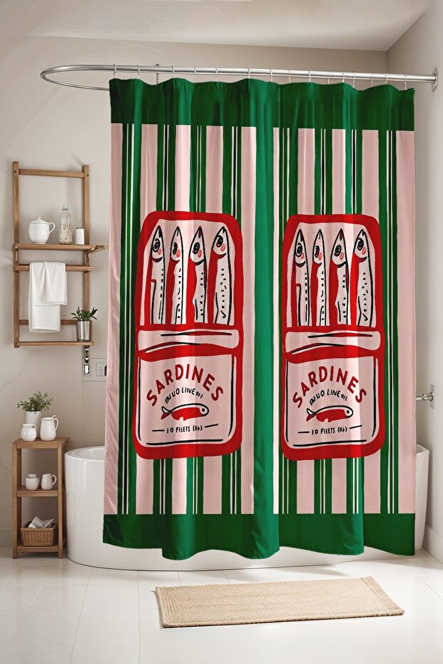 Green Striped Sardines Patterned Bathroom Curtain, Shower Curtain, Bathtub Curtain 175X200Cm