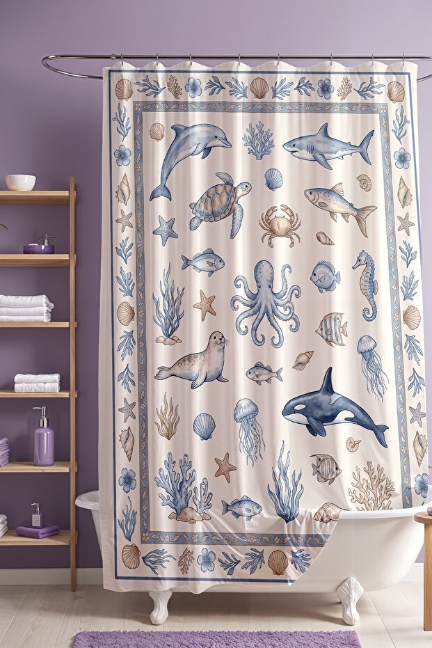 Soft Sea Creatures Patterned Bathroom Curtain, Shower Curtain, Bathtub Curtain 175X200Cm