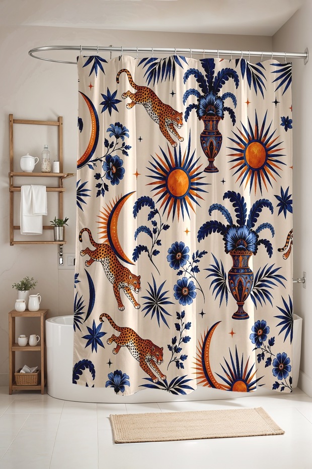 Sun, Flower Pot and Tiger Patterned Bathroom Curtain, Shower Curtain, Bathtub Curtain 175X200Cm