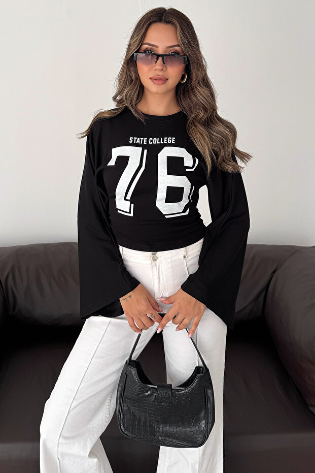 Women's 76 Printed Oversize Blouse Wide Sleeve Crew Neck Loose Top