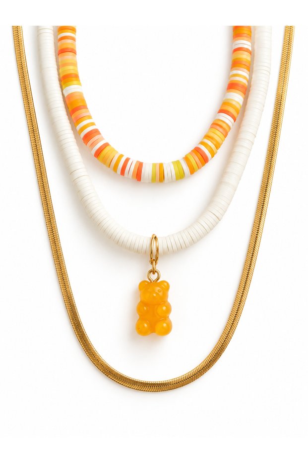 Orange & White Necklace Set – Colorful Beads, Teddy Bear Figure & Gold Chain Necklace – Layered Summer Necklace Combination