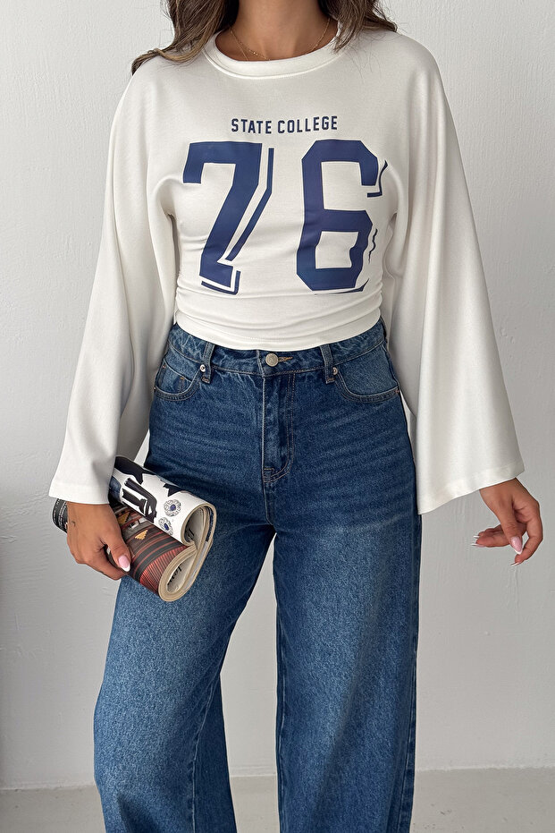 Women's 76 Printed Oversize Blouse Wide Sleeve Crew Neck Loose Top
