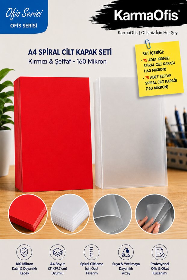 A4 Spiral Binding Cover Set 160 Micron β Red Colored and Transparent Binding Covers 75 Pieces Each