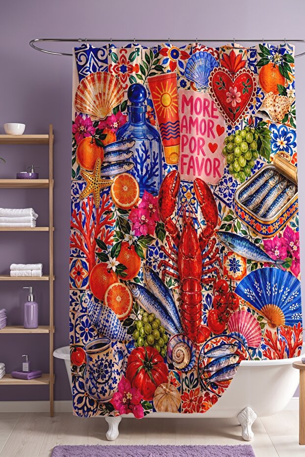 Lobster and Fish Patterned Bathroom Curtain, Shower Curtain, Bathtub Curtain 175X200Cm