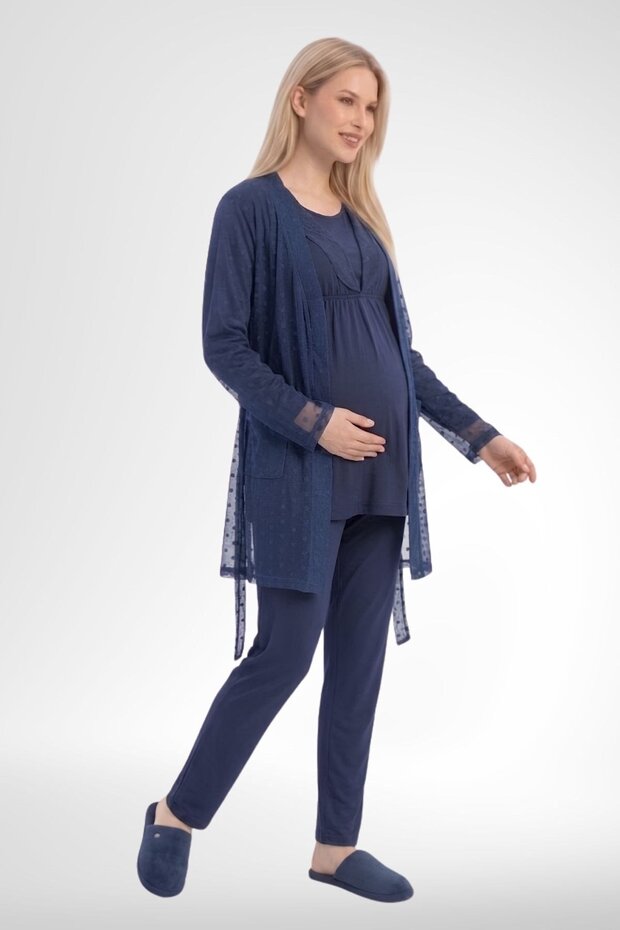 Maternity Nursing Detailed Lace Pajama Set with Dressing Gown