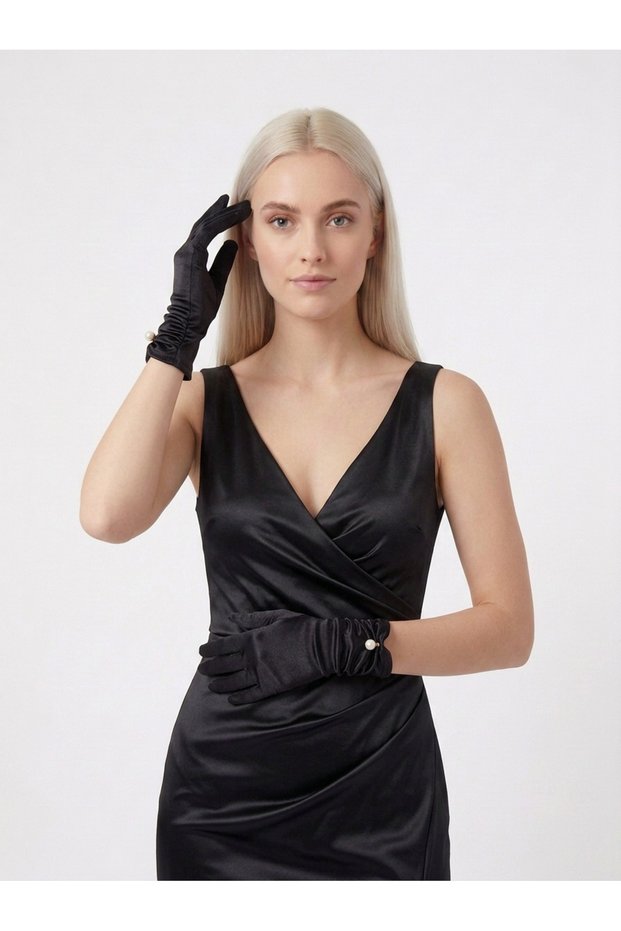 Black Pearl Ruched Detailed Satin Short Women's Gloves – Accessory for Wedding, Engagement, Nikkah, Henna Night, Prom, Event, Party, Costume, Graduation, Bachelorette, and Photo Shoot