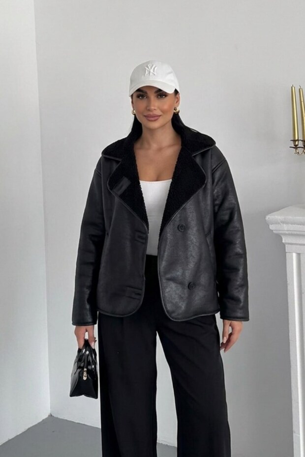 Women's Laminated Coat with Plush Inner, Double Pockets, Long Sleeves, Buttoned, Low Shoulder, Furry Oversized Jacket Coat