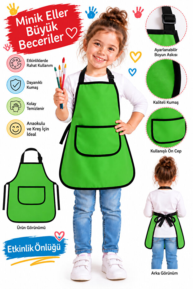Green Kids Apron with Pockets Painting Activity Apron Washable Nursery Kindergarten Kitchen Painting Apron Liquid Proof for 5-10 Age