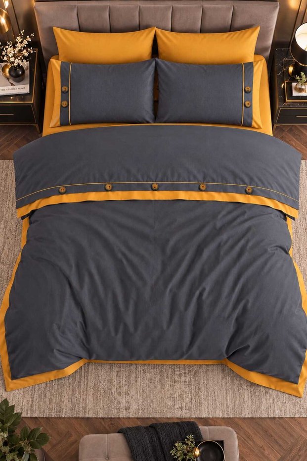 Orlina Decorative Button Detailed 100% Cotton 6 Piece Double Sports Stylish Duvet Cover Set