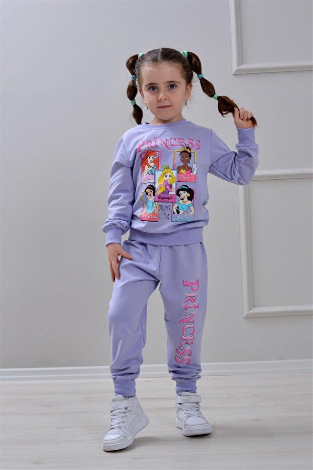 Girl's Patterned 2-Yarn Elastic Leg Sweatpants Set - 2043
