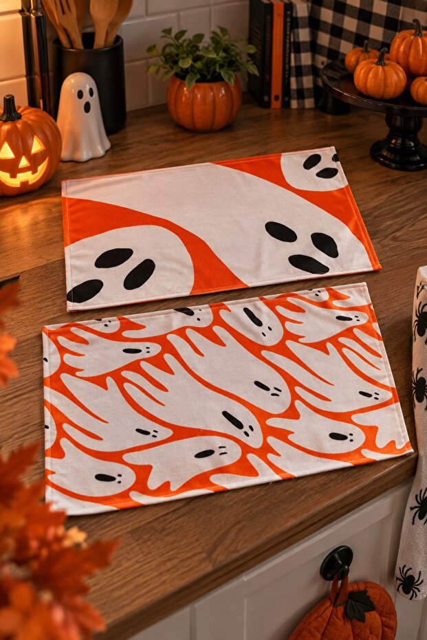 Halloween Ghost Patterned 2-Piece Kitchen Towel Set – Orange and White Halloween Themed Dishcloth