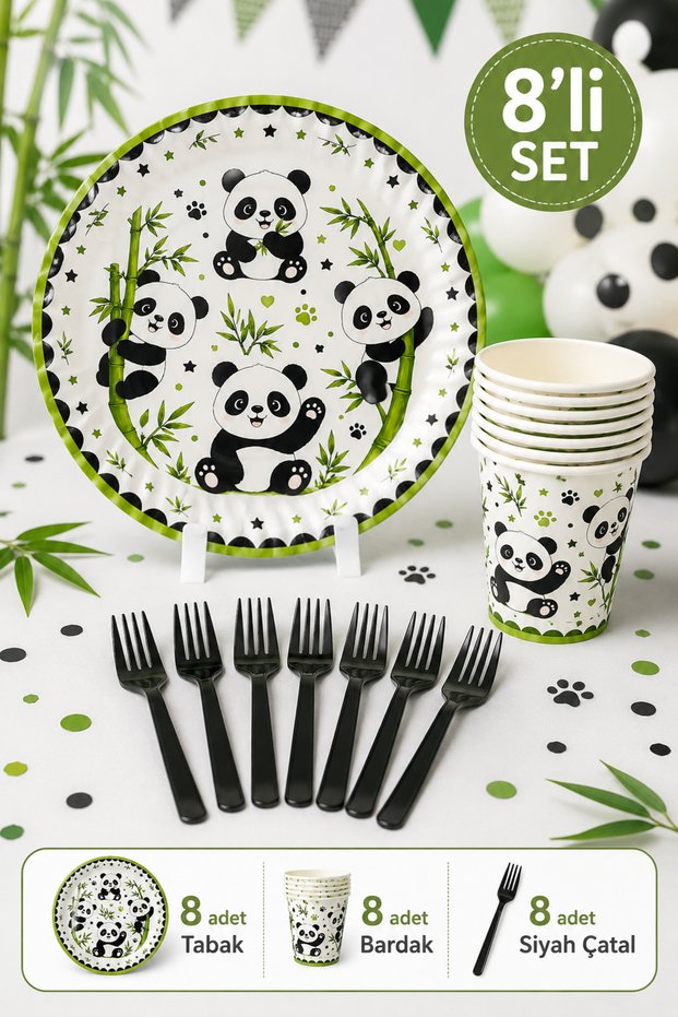 Panda Themed Birthday Party Set for 8 People, 24 Pieces, Cardboard Plates, Cups, Black Plastic Forks