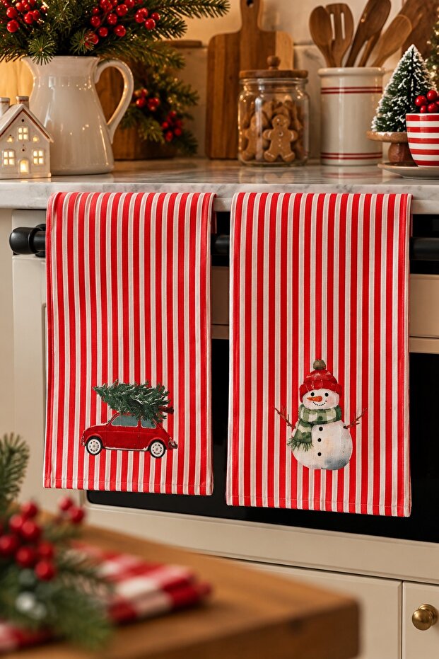 Christmas Themed Kitchen Towel Set of 2 – Snowman and Christmas Carriage Patterned Red and White Striped Decorative Drying Cloth