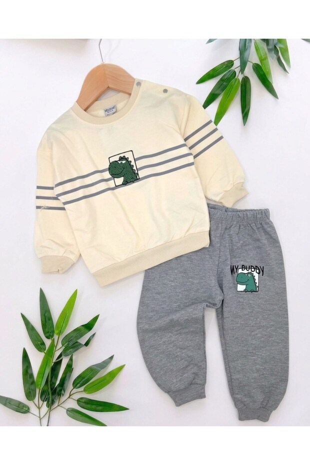 Baby Boy Seasonal Dinosaur Printed 2-Piece Baby Set with Striped Detailed Gray Pants