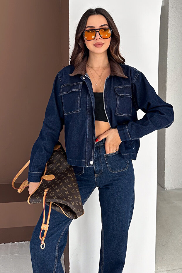 Women's Flato Pocketed Velvet Collar Zippered Denim Jacket