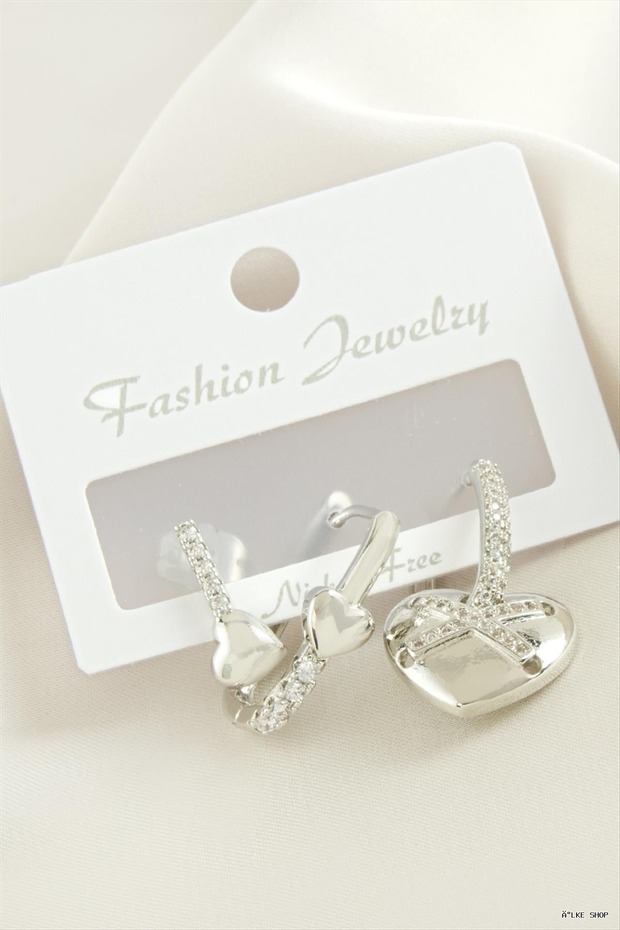 Ilkestor 3 Pieces Heart Zircon Stone Earrings (231249) Silver Color