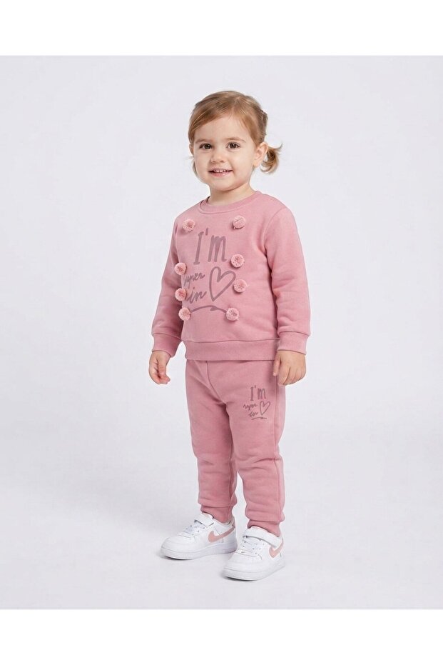 Girl's Winter 3-Strand Ribbon Heart Printed Top and Bottom Set with Pompoms for Ages 2-3-4-5-6