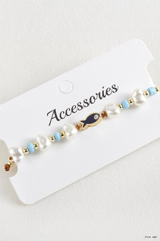 Ilkestor Fish Pearl Beads Macrame Cord (225435) Bracelet Blue