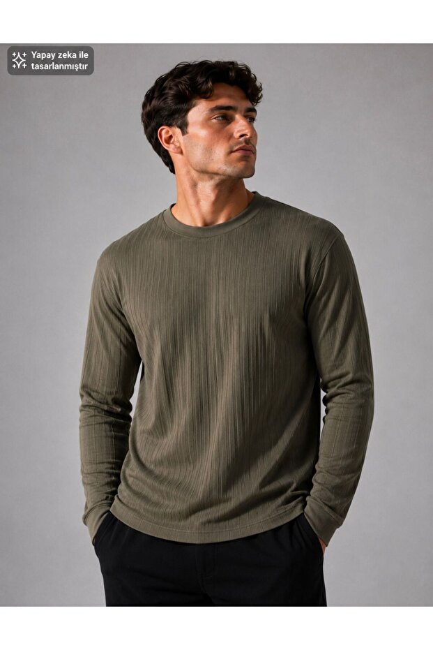Men's Terry Interlock Long Sleeve Crew Neck Basic Khaki T-Shirt