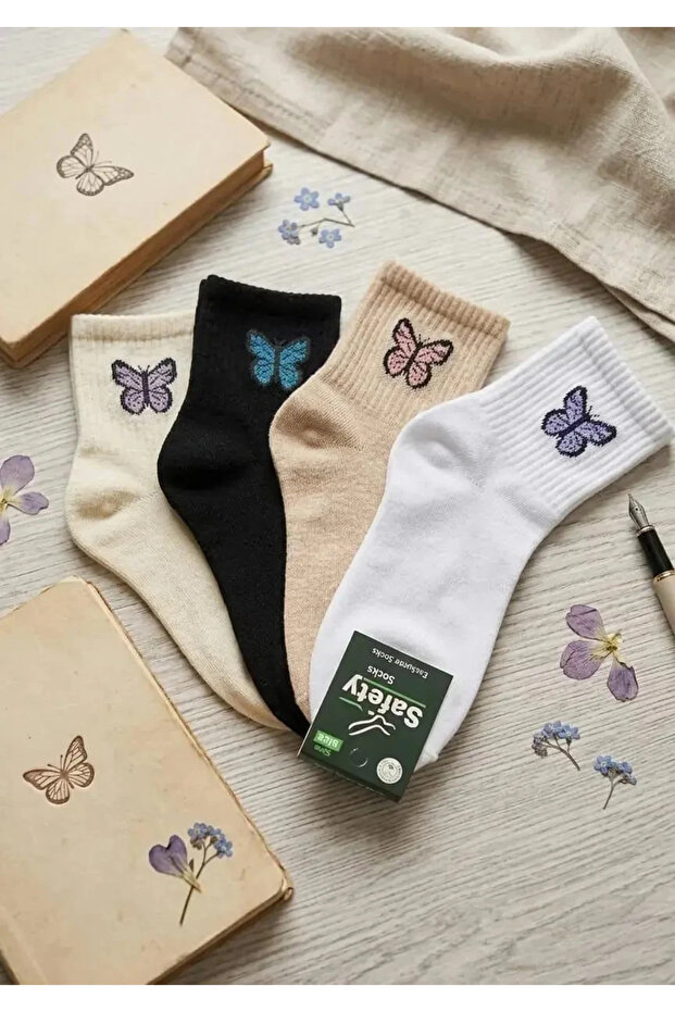 Butterfly Patterned Cotton College Socks 4 Pairs