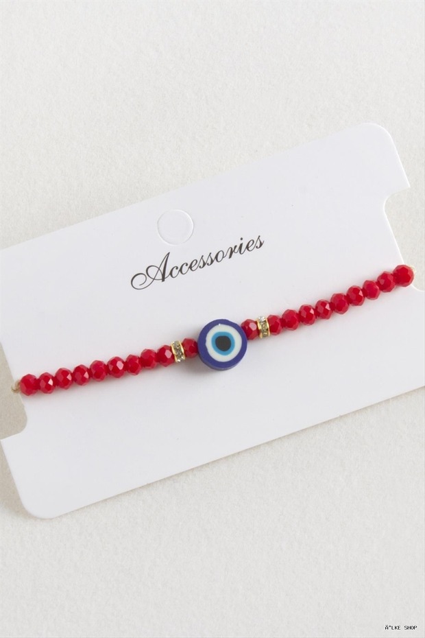 Ilkestor Nazar Crystal Macrame Rope (225639) Bracelet Red