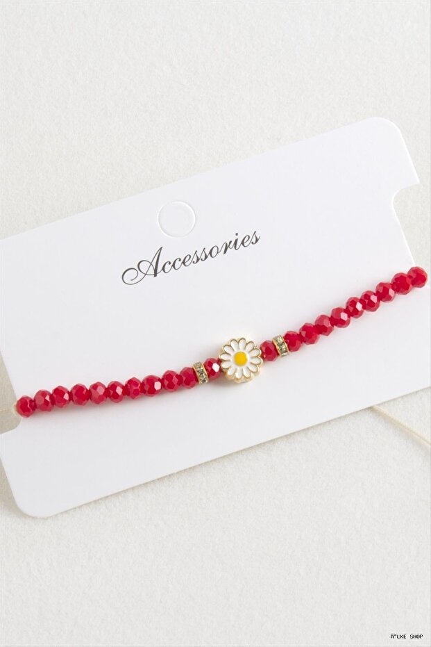 Ilkestor Daisy Crystal Macrame Rope (225546) Bracelet Red