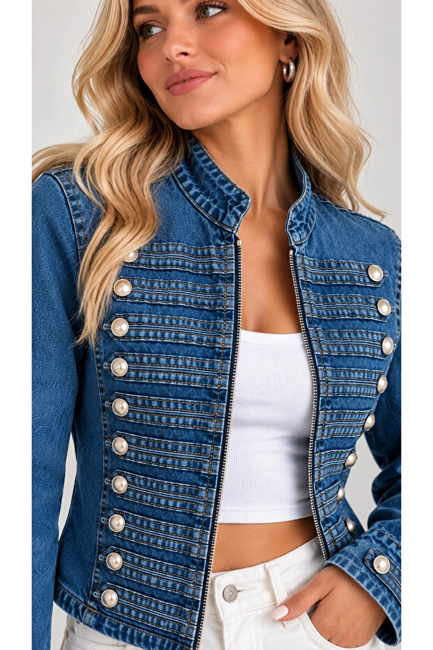 Women's Blue Cotton Soldier Collar Button Detailed Short Denim Jacket
