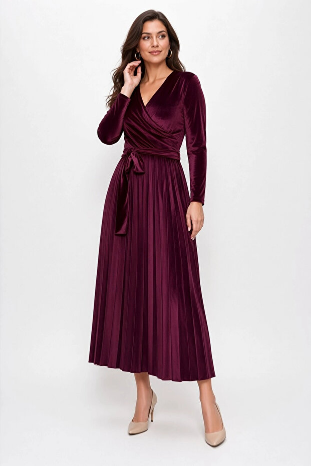 Long Pleated Velvet Dress Plum